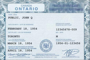 wallet size Ontario birth certificate